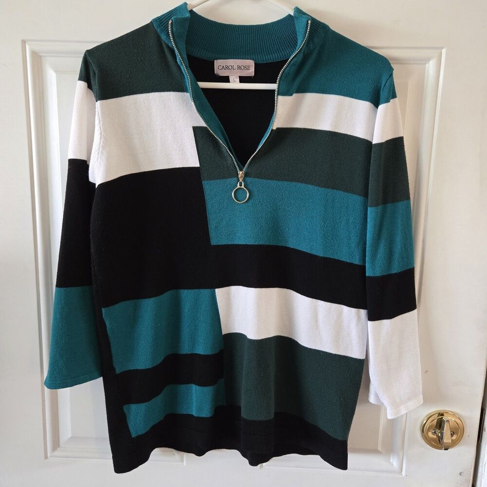 Carol Rose Sweater Womens Size Large Colorblock 3/4 sleeve Blouse V Neck Zipper